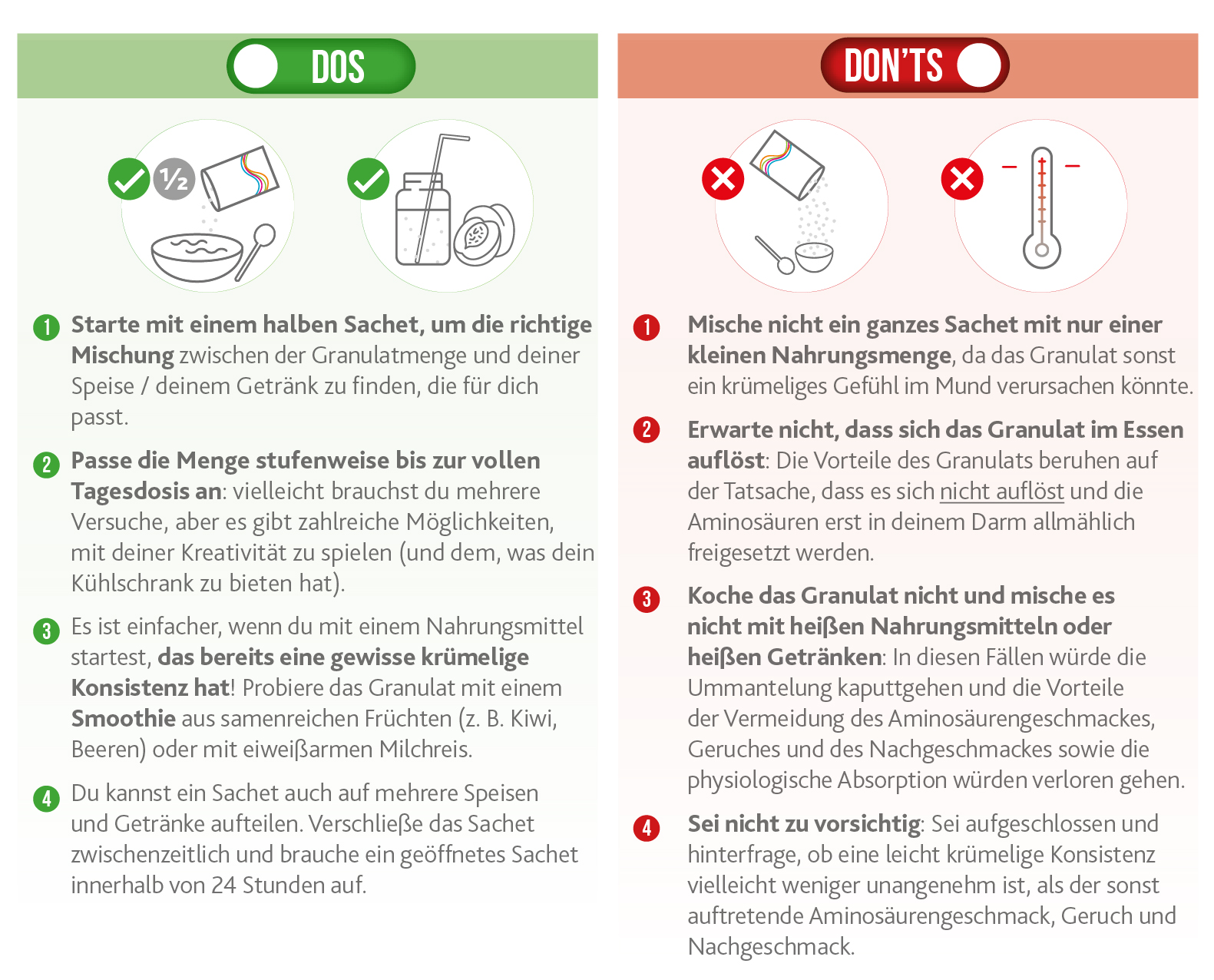 Liste mit alltäglichen Verhaltensregeln bei der Einnahme von PKU GOLIKE Produkten